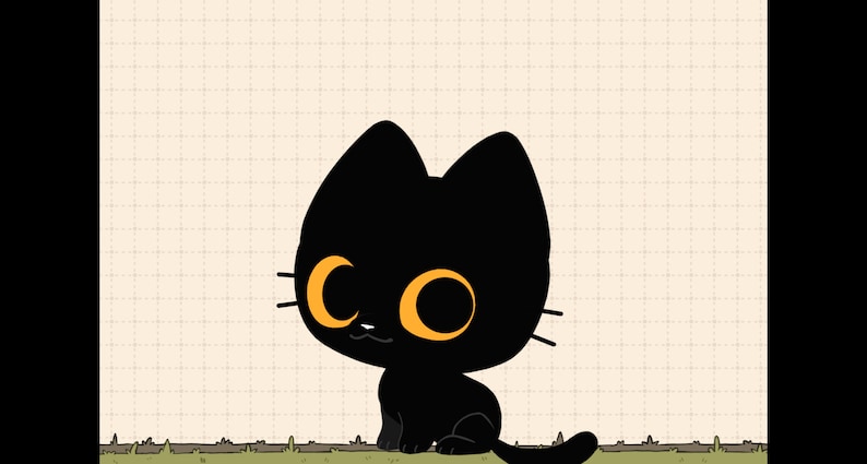 May include: A black cat with large orange eyes sits on a light brown background with a grid pattern.