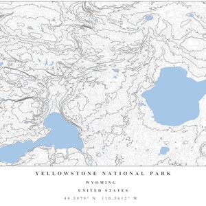 May include: A detailed topographic map of Yellowstone National Park in Wyoming, United States. The map features contour lines and light blue areas representing lakes and rivers. Text at the bottom reads "Yellowstone National Park, Wyoming, United States".