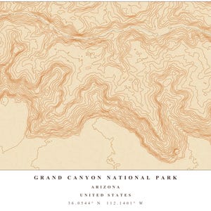 May include: A topographic map print of the Grand Canyon National Park in Arizona, USA. The map features detailed contour lines in shades of brown against a beige background. The park's name, location, and coordinates are printed at the bottom.