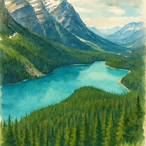 Peut inclure: Peinture à l'aquarelle d'un paysage de montagne avec un lac turquoise et des arbres à feuilles persistantes. Des montagnes enneigées se dressent en arrière-plan sous un ciel bleu avec des nuages duveteux. L'œuvre évoque la tranquillité.
