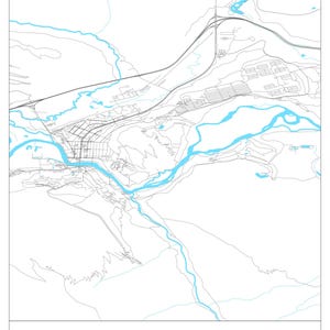 May include: A minimalist map of Banff, Canada, featuring a detailed outline in black and light blue. The map includes the town's layout, roads, and waterways, with the name "Banff" and coordinates displayed at the bottom. The overall design is clean and modern.