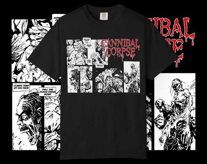 Featured listing image: Cannibal Corpse Graphic Tee | Unisex Vintage Black T-shirt | Music Merchandise Gift | Horror Fan Apparel | Festival Wear | Gothic Style
