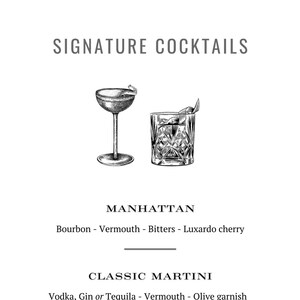 Menu de coquetéis de casamento