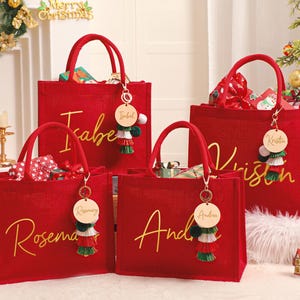 Bolsa de regalo navideña personalizada de arpillera roja con dije, bolsa para fiesta de Navidad, bolsa de arpillera navideña, bolsas de regalo para las fiestas, bolsas de regalo para la víspera de Navidad.