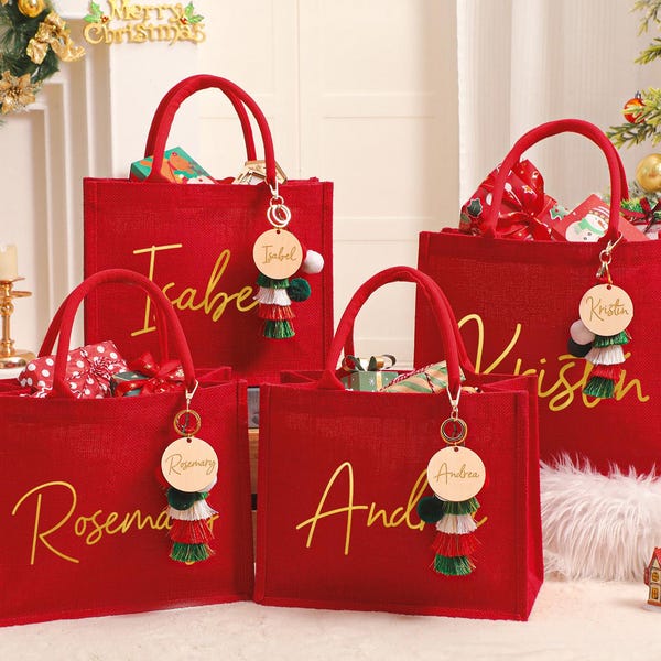 Sacola de Natal personalizada em juta vermelha com pingente, sacola para festa de Natal, sacola de juta natalina, sacolas para presentes de fim de ano, sacolas para presentes da véspera de Natal