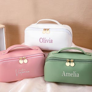 Leder bestickte Make-up-Tasche, Brautjungfer Make-up-Tasche, Valentinstag Geschenk Frauen, Hochzeitsgeschenk, Brautparty Geschenke, Kosmetiktasche mit großer Kapazität