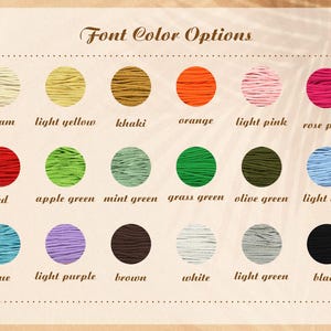 K&ouml;nnte beinhalten: Eine Farbkarte mit der Aufschrift "Schriftfarboptionen" zeigt 18 Farbfelder. Zu den Farben geh&ouml;ren Creme, Hellgelb, Khaki, Orange, Hellrosa, Rosenrosa, Rot, Apfelgr&uuml;n, Mintgr&uuml;n, Grasgr&uuml;n, Olivgr&uuml;n, Hellblau, Blau, Hellviolett, Braun, Wei&szlig;, Hellgr&uuml;n und Schwarz.