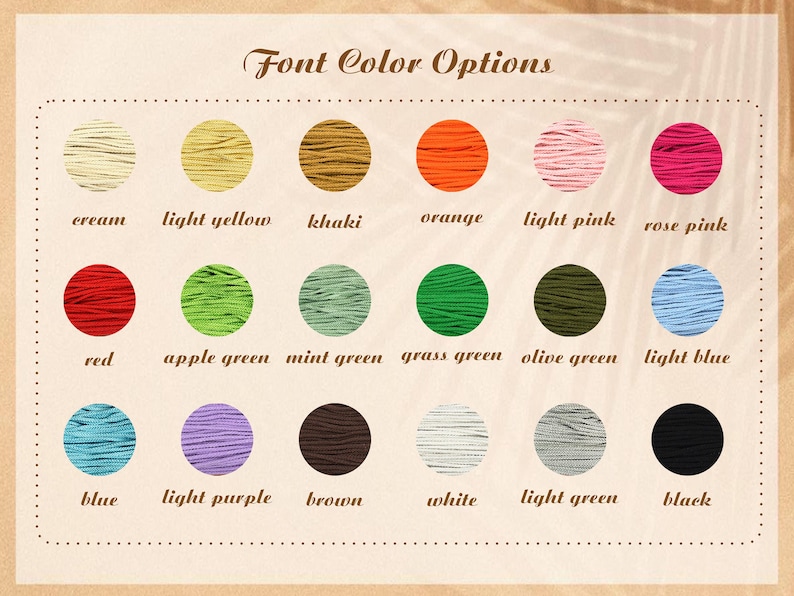 K&ouml;nnte beinhalten: Eine Farbkarte mit der Aufschrift "Schriftfarboptionen" zeigt 18 Farbfelder. Zu den Farben geh&ouml;ren Creme, Hellgelb, Khaki, Orange, Hellrosa, Rosenrosa, Rot, Apfelgr&uuml;n, Mintgr&uuml;n, Grasgr&uuml;n, Olivgr&uuml;n, Hellblau, Blau, Hellviolett, Braun, Wei&szlig;, Hellgr&uuml;n und Schwarz.