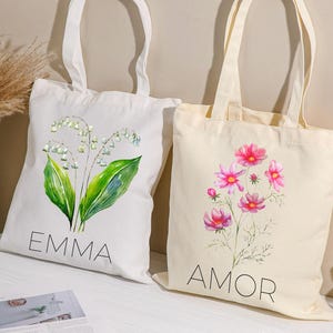 Personalized Birth Month Flower Canvas Tote Bag,Birth Flower Tote Bag,Personalized Bridesmaid Gifts,Bachelorette Tote Bags,gifts for women