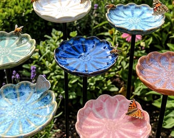 Flower Ceramic Bee Waterer,Outdoor Bird Water Feeder,Butterfly Pollinator Garden Water Station, Colorful Outdoor Yard Art Gift, Garden Stake