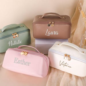 Leather Embroidered Makeup Bag,Bridesmaid Large Makeup Bag,Valentine&#39;s Day Gift Women,Travel Toiletry Bag,Bridal Shower Gift,Gift for Her