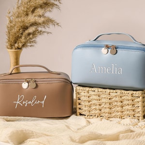 Leder bestickte Make-up-Tasche, große Make-up-Tasche, Brautjungfer, Valentinstag, Geschenk für Frauen, Reise-Kulturbeutel, Brautparty-Geschenk, Geschenk für Sie