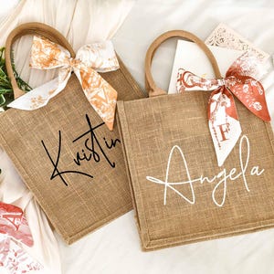 Gepersonaliseerde jute draagtas, cadeauzakjes bruidsmeisje met naam, strandfeesttassen bruidsmeisjes, vrijgezellenfeesttasje, bruidsdouchetas