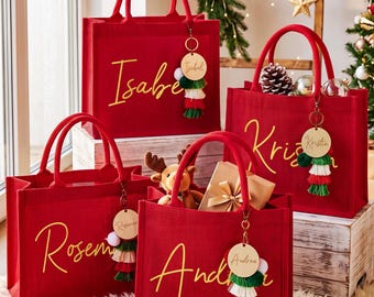 Personalized Red Burlap Christmas Gift Bag & Charm,Christmas Party Bag,Christmas Burlap Bag,Holiday Gift Bags,Christmas Eve Gift Bags
