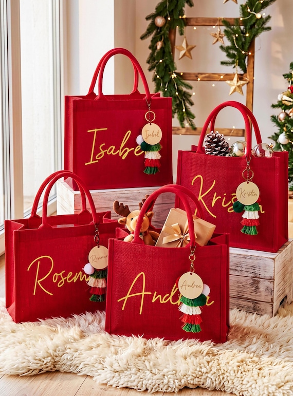 Personalized Red Burlap Christmas Gift Bag & Charm,Christmas Party Bag,Christmas Burlap Bag,Holiday Gift Bags,Christmas Eve Gift Bags