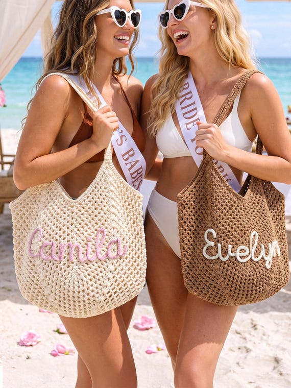 Personalized Crochet beach tote bags, Lightweight Breathable Travel Tote, Bridesmaid gift bags, Bachelorette Trip Gift, Bridal Shower Bag