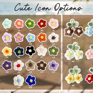 K&ouml;nnte beinhalten: Eine Sammlung von geh&auml;kelten Blumenapplikationen in verschiedenen Farben, darunter Wei&szlig;, Rosa, Gelb, Blau und Gr&uuml;n. Das Bild enth&auml;lt den Text "Cute Icon Options" und nummerierte und beschriftete Optionen f&uuml;r jedes Blumendesign.