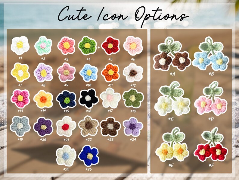 K&ouml;nnte beinhalten: Eine Sammlung von geh&auml;kelten Blumenapplikationen in verschiedenen Farben, darunter Wei&szlig;, Rosa, Gelb, Blau und Gr&uuml;n. Das Bild enth&auml;lt den Text "Cute Icon Options" und nummerierte und beschriftete Optionen f&uuml;r jedes Blumendesign.
