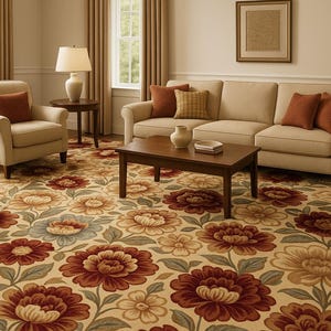 Puede incluir: Sal&oacute;n con sof&aacute; beige, sillones y mesa de centro. La alfombra floral presenta grandes flores burdeos, crema y azules. L&aacute;mparas y cortinas a juego enmarcan las ventanas, creando un ambiente c&aacute;lido y acogedor.