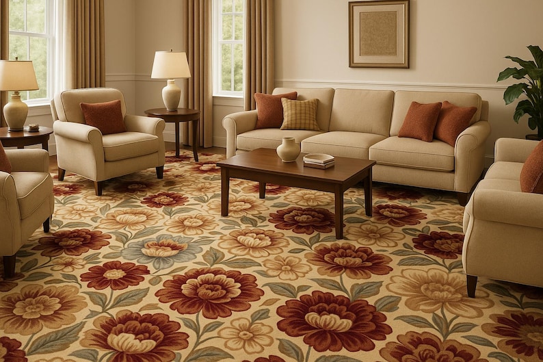 Puede incluir: Sal&oacute;n con sof&aacute; beige, sillones y mesa de centro. La alfombra floral presenta grandes flores burdeos, crema y azules. L&aacute;mparas y cortinas a juego enmarcan las ventanas, creando un ambiente c&aacute;lido y acogedor.