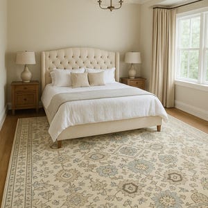 Könnte beinhalten: Ein Schlafzimmer mit einem Bett mit cremefarbenem, getuftetem Kopfteil, weißer Bettwäsche und beigen Kissen. Der Raum verfügt über zwei Nachttische aus Holz mit Lampen, einen gemusterten Teppich mit Blumendesigns und einen Kronleuchter.