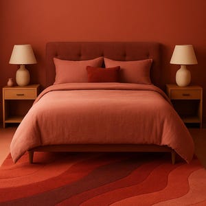 Könnte beinhalten: Ein Schlafzimmer mit einem monochromen Farbschema in Rottönen. Das Bett ist mit einer Bettdecke und Kissen bezogen. Zwei Nachttische mit Lampen flankieren das Bett. Ein wellenförmiger Teppich liegt auf dem Boden.