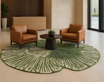 May include: Two brown leather armchairs face each other, flanking a small round table with a potted plant. A large, round rug with a green and white leaf pattern sits beneath the furniture. The setting is in a modern lobby.
