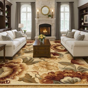 Puede incluir: Sal&oacute;n con una alfombra con estampado floral en tonos beige, marr&oacute;n y rojo. Dos sof&aacute;s blancos se enfrentan, con una chimenea y una mesa de centro de madera en medio. Estanter&iacute;as de madera oscura flanquean la chimenea.