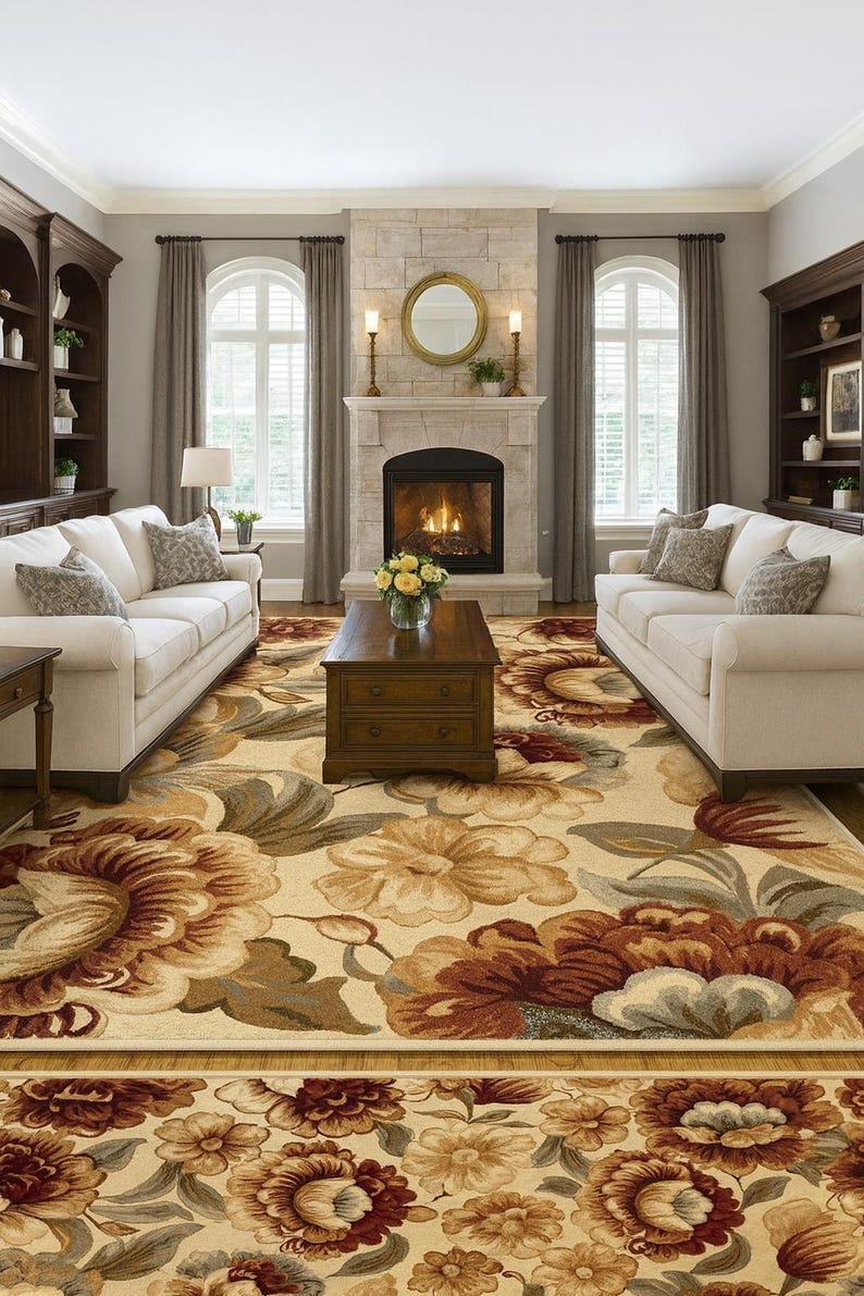 Puede incluir: Sal&oacute;n con una alfombra con estampado floral en tonos beige, marr&oacute;n y rojo. Dos sof&aacute;s blancos se enfrentan, con una chimenea y una mesa de centro de madera en medio. Estanter&iacute;as de madera oscura flanquean la chimenea.