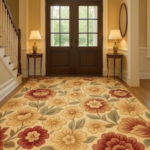 Puede incluir: Una alfombra floral con un fondo crema y grandes flores detalladas en tonos de rojo, naranja y amarillo. La alfombra est&aacute; en un pasillo con una puerta de madera oscura y dos peque&ntilde;as mesas auxiliares con l&aacute;mparas.
