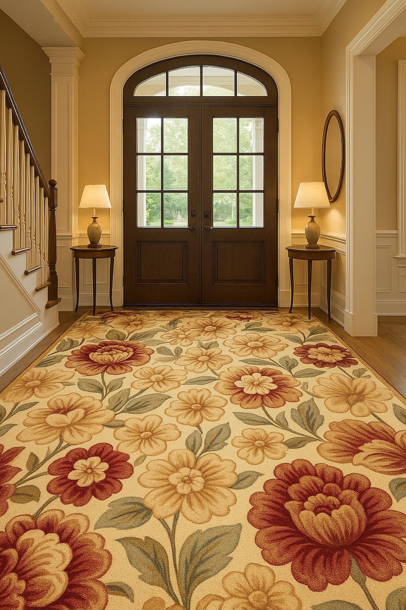 Puede incluir: Una alfombra floral con un fondo crema y grandes flores detalladas en tonos de rojo, naranja y amarillo. La alfombra est&aacute; en un pasillo con una puerta de madera oscura y dos peque&ntilde;as mesas auxiliares con l&aacute;mparas.
