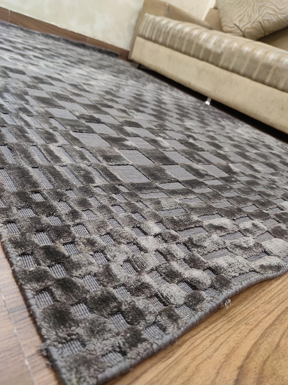 Modern Handloom Rug | Wool Viscose Blend | 5x8 Grey Textured Carpet | Soft Area Rug for Living Room or Bedroom