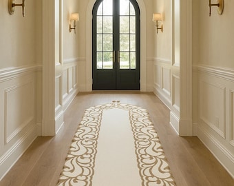 Alfombra de pasillo de lujo tejida a mano | Elegante diseño de volutas | Alfombra de pasillo personalizable (90 x 240 cm o tamaño personalizado) para decoración del hogar