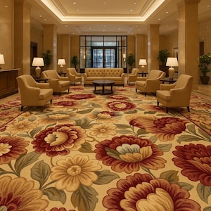 Puede incluir: Un vest&iacute;bulo de hotel con una alfombra estampada floral en tonos rojos, amarillos y verdes. Sillones y sof&aacute;s beige dispuestos alrededor de una mesa de centro central. Columnas altas y l&aacute;mparas.