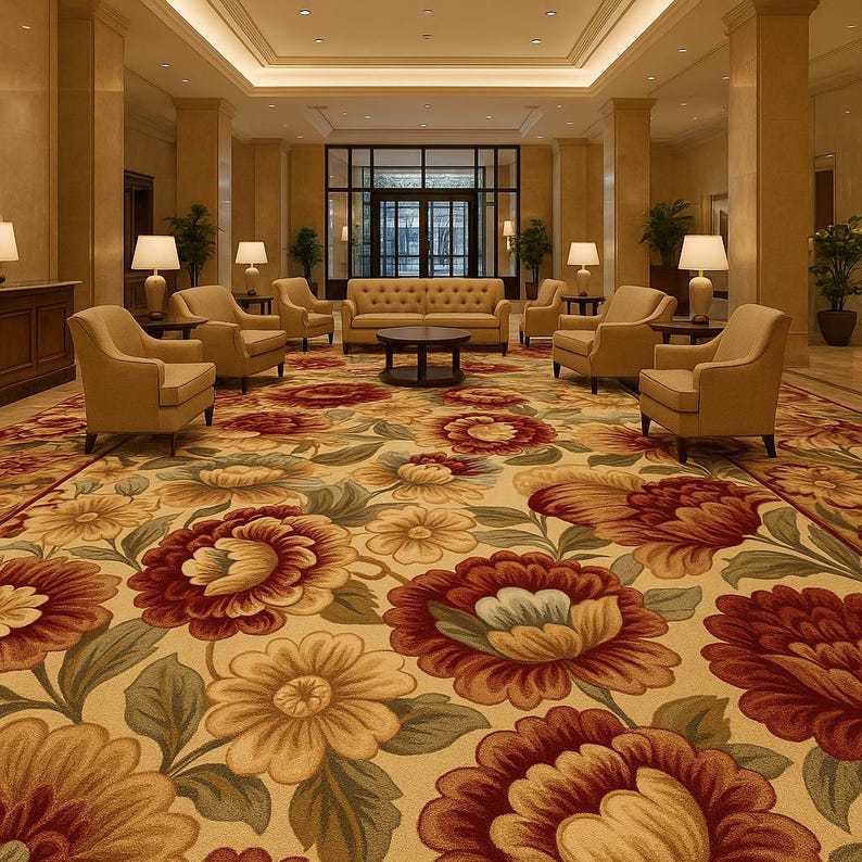 Puede incluir: Un vest&iacute;bulo de hotel con una alfombra estampada floral en tonos rojos, amarillos y verdes. Sillones y sof&aacute;s beige dispuestos alrededor de una mesa de centro central. Columnas altas y l&aacute;mparas.
