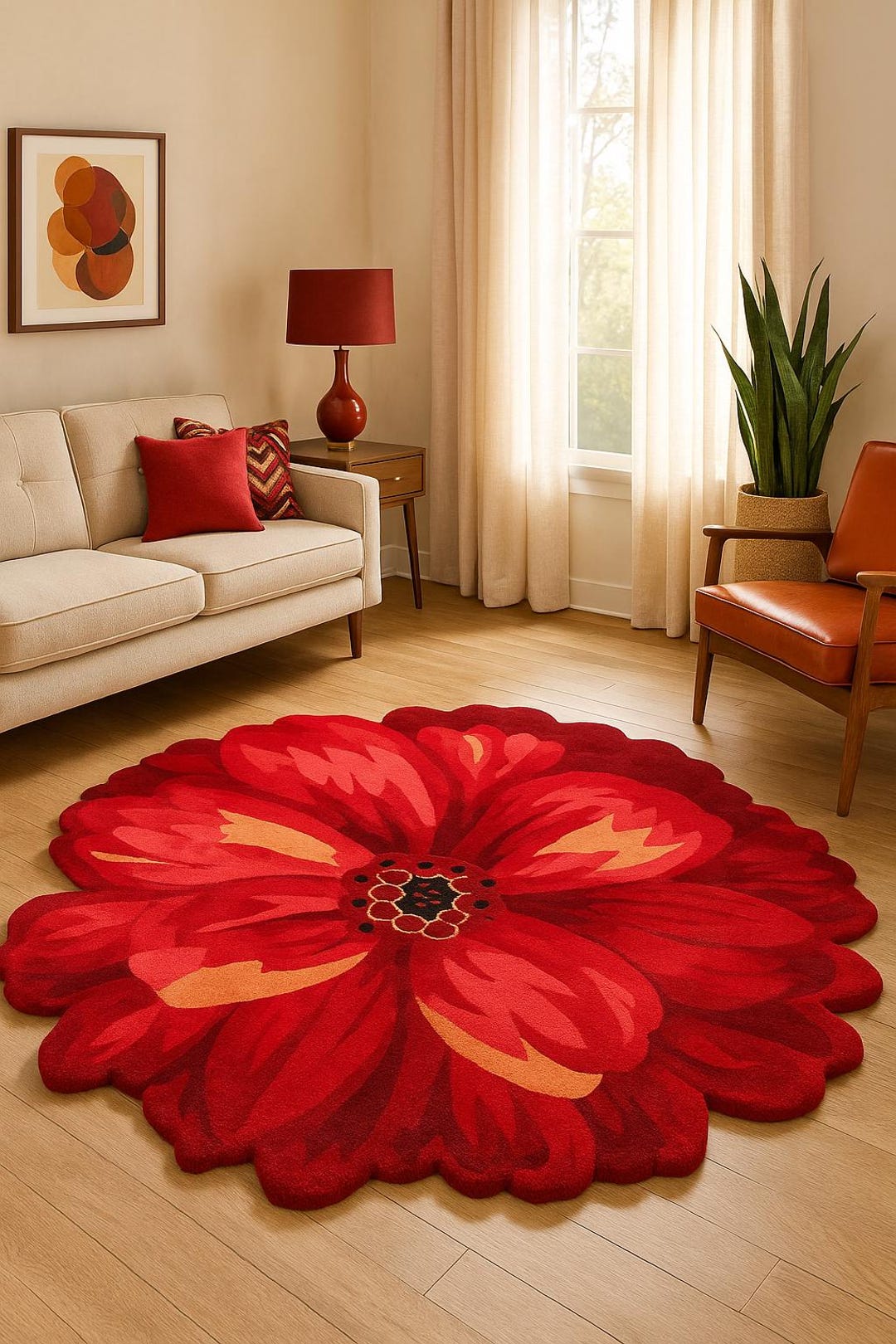 Hand-tufted Floral Rug – Red Flower Shape Wool Carpet – Unique Round ...