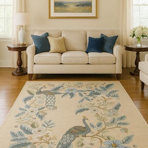 Op de afbeelding: Beige vloerkleed met een pauw- en bloemenontwerp in blauw, groen en bruin. Het vloerkleed ligt in een woonkamer met een crèmekleurige bank, blauwe kussens en een landschapsschilderij.