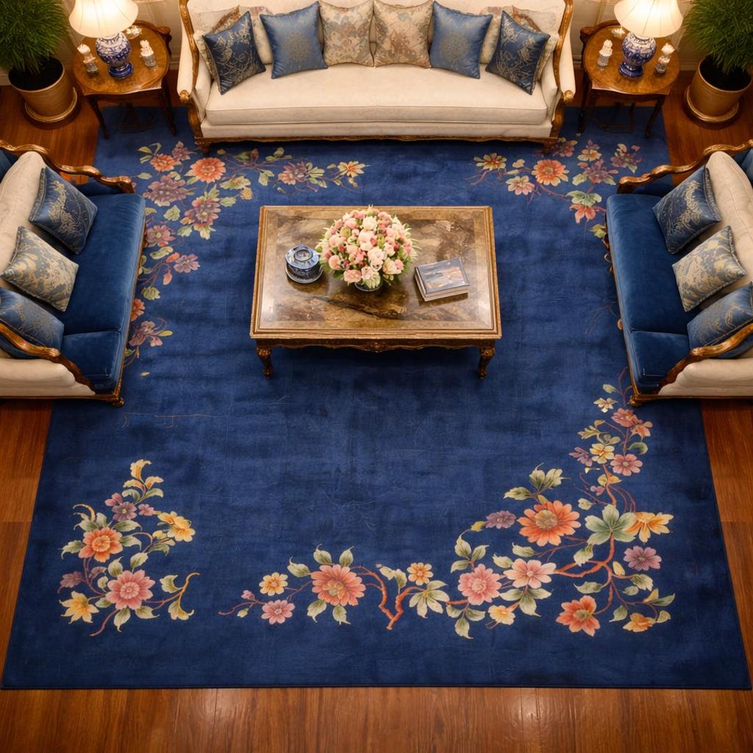 Chinese Floral Hand Tufted Rug – Blue Art Deco Aubusson Style Rug ...