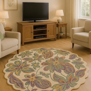 Könnte beinhalten: Ein runder Teppich mit floralem Design. Der Teppich zeigt große Blumen in Grün-, Gelb- und Lilatönen auf cremefarbenem Hintergrund. Er liegt auf einem Holzboden in einem Wohnzimmer.