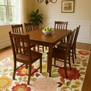 Könnte beinhalten: Ein Esszimmer-Set mit einem rechteckigen Holztisch und sechs passenden Stühlen. Die Stühle haben vertikale Rückenlehnen. Unter dem Tisch liegt ein Blumengemusterter Teppich mit roten, orangefarbenen und gelben Blumen. Auf dem Tisch steht eine Schale mit grünen Äpfeln.