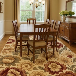 Puede incluir: Un juego de comedor con una mesa rectangular de madera y seis sillas a juego. Las sillas tienen asientos tapizados beige y respaldos de listones. Una gran alfombra floral en tonos crema, burdeos y marr&oacute;n cubre el suelo. Una l&aacute;mpara de ara&ntilde;a cuelga sobre la mesa.