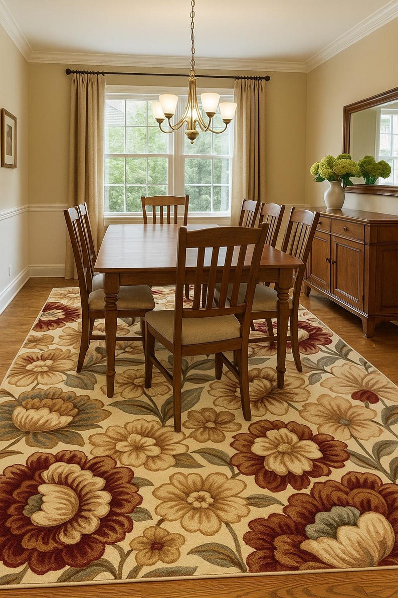 Puede incluir: Un juego de comedor con una mesa rectangular de madera y seis sillas a juego. Las sillas tienen asientos tapizados beige y respaldos de listones. Una gran alfombra floral en tonos crema, burdeos y marr&oacute;n cubre el suelo. Una l&aacute;mpara de ara&ntilde;a cuelga sobre la mesa.