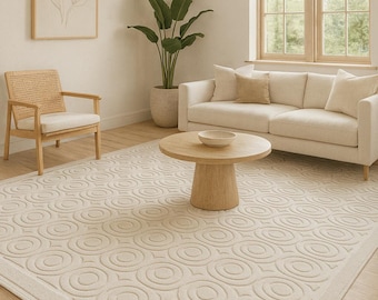 Feel the softness under your foot Hand Loom 100% Wool Rug 8x10 | Modern Textured Neutral Carpet | Minimalist Circle Pattern | For your home