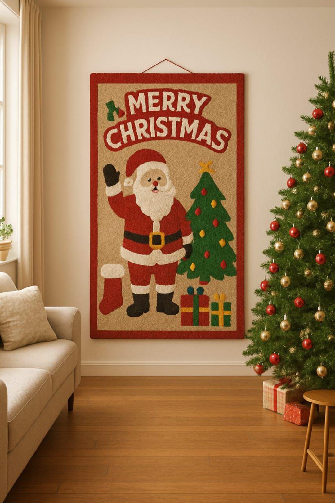 クリスマス壁掛けラグ - サンタクロースとツリーのタペストリー クリスマス壁掛けラグ - サンタクロースとツリーのタペストリー