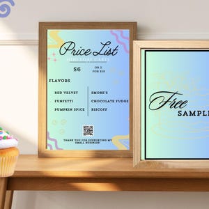 Preisliste Menü und Scan To Pay Schilder- Mini Loaf Menü- Baker Menü und Preisliste- Free Sample Sign - Farmers Market / Pop up Shop Schilder
