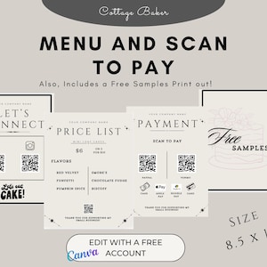 Einfache Kuchen Preisliste & Scan To Pay Schilder- Mini Loaf Menü- Baker Menü und Preisliste- Gratis Probe Schild - Farmers Markt / Pop-up Shop Schilder