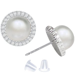 9mm Freshwater Pearl Stud Earrings: Sterling Silver CZ Accent
