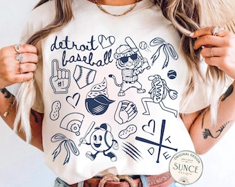 Camiseta con diseño de doodle de béisbol de Detroit, colores cómodos, bonita y moderna camiseta del día del partido, regalo para fanáticos del béisbol de Detroit.
