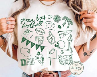 Camiseta de fútbol de Green Bay con colores cómodos, moderna, para el día del partido, regalo para fanáticos de Green Bay.