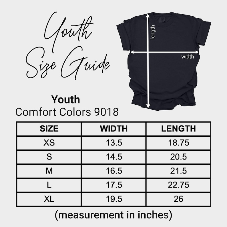 May include: A black t-shirt with a size guide for youth sizes. The guide shows measurements in inches for width and length, ranging from XS to XL. The text "Youth Size Guide" is at the top.